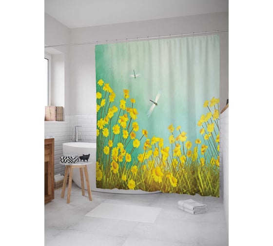 Штора (занавеска) для ванной JoyArty "Перелет стрекоз" из сатена, 180х200 см с крючками, sc_18366 1