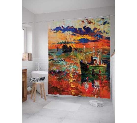 Штора (занавеска) для ванной JoyArty "Храбрые рыбаки" из сатена, 180х200 см с крючками, sc_15123 1