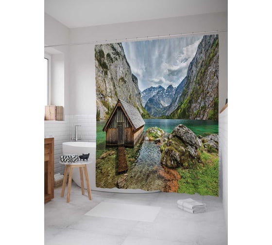 Штора (занавеска) для ванной JoyArty "Домик в горах" из сатена, 180х200 см с крючками, sc_15186 1