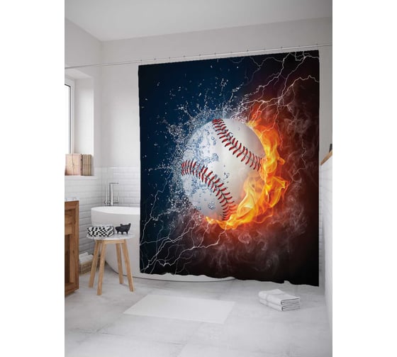 Штора (занавеска) для ванной JoyArty "Бейсбольная стихия" из сатена, 180х200 см с крючками, sc_11435 1