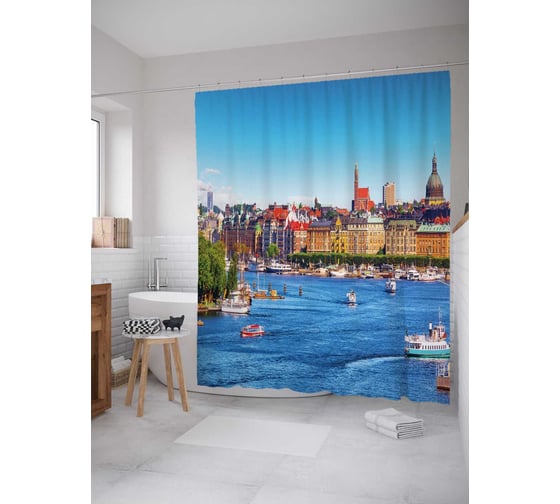 Штора (занавеска) для ванной JoyArty "Жизнь на городской реке" из сатена, 180х200 см с крючками, sc_17463 1