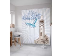 Штора (занавеска) для ванной JoyArty "Маяк и чайка" из сатена, 180х200 см с крючками, sc_17520