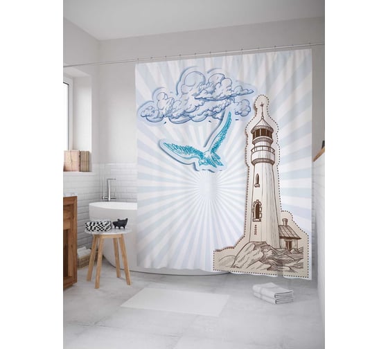 Штора (занавеска) для ванной JoyArty "Маяк и чайка" из сатена, 180х200 см с крючками, sc_17520 1