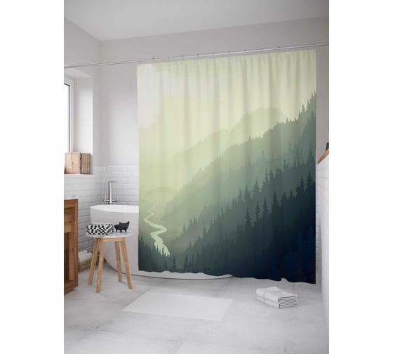 Штора (занавеска) для ванной JoyArty "Гора, покрытая лесом" из сатена, 180х200 см с крючками, sc_15836 1