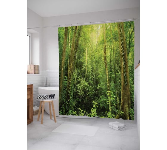 Штора (занавеска) для ванной JoyArty "Лесной осмотр" из сатена, 180х200 см с крючками, sc_11423 1