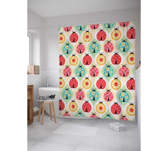 Штора (занавеска) для ванной JoyArty "Божьи коровки с узорами" из сатена, 180х200 см с крючками, sc_11364 1