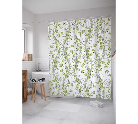 Штора (занавеска) для ванной JoyArty "Зелень с завитками" из сатена, 180х200 см с крючками, sc_11404 1