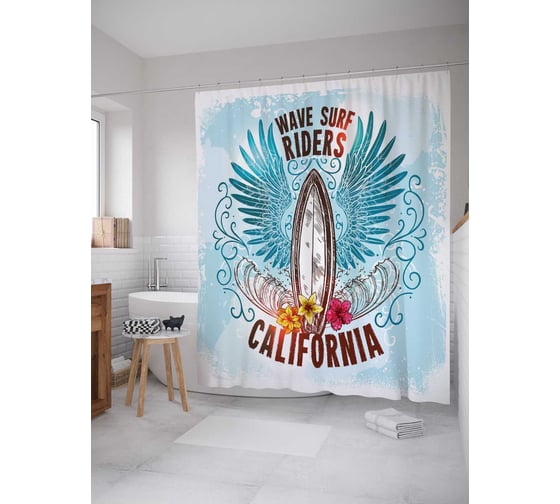 Штора (занавеска) для ванной JoyArty "Волнистая калифорния" из сатена, 180х200 см с крючками, sc_15654 1