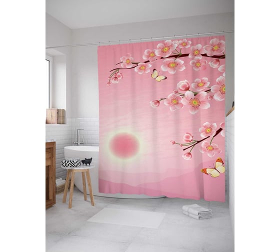 Штора (занавеска) для ванной JoyArty "Ветки обнимают солнце" из сатена, 180х200 см с крючками, sc_15805 1