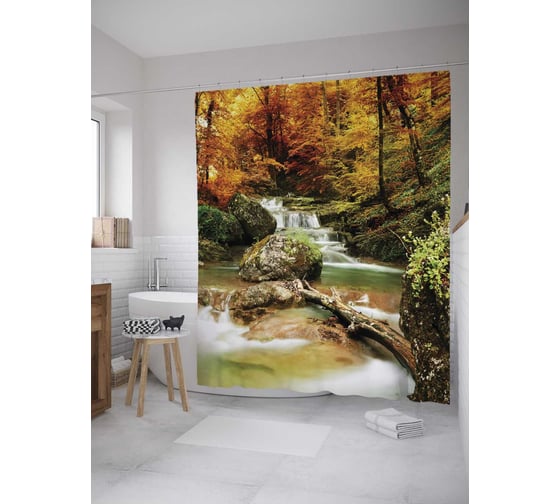 Штора (занавеска) для ванной JoyArty "Быстрая лесная река" из сатена, 180х200 см с крючками, sc_10118 1