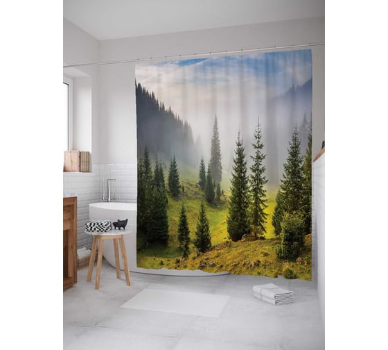 Штора (занавеска) для ванной JoyArty "Елки на холмах" из сатена, 180х200 см с крючками, sc_15758 1