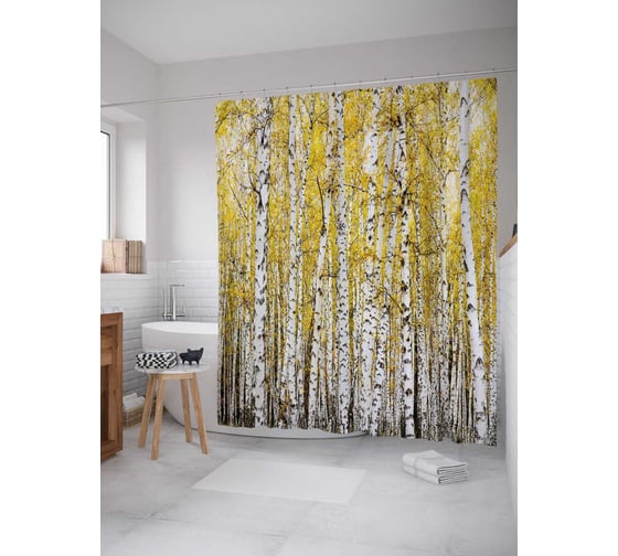 Штора (занавеска) для ванной JoyArty "Березовая ограда" из сатена, 180х200 см с крючками, sc_15752 1