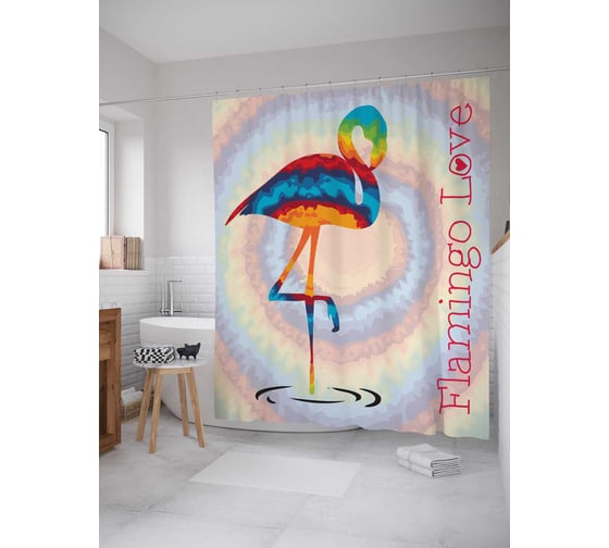 Штора (занавеска) для ванной JoyArty "Любовь фламинго" из сатена, 180х200 см с крючками, sc_14666 1