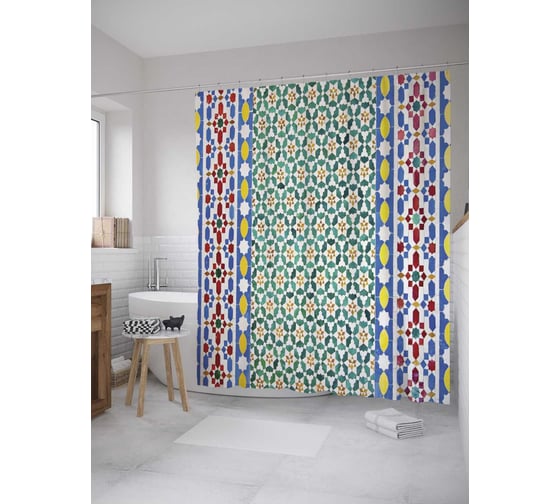 Штора (занавеска) для ванной JoyArty "Цветной орнамент" из сатена, 180х200 см с крючками, sc_12320 1