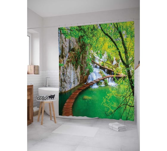 Штора (занавеска) для ванной JoyArty "Фигурный мост у водопада" из сатена, 180х200 см с крючками, sc_16103 1