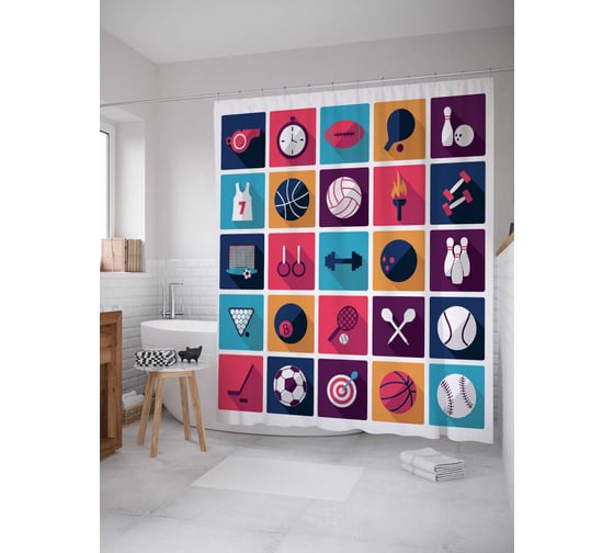 Штора (занавеска) для ванной JoyArty "Спортивные увлечения" из сатена, 180х200 см с крючками, sc_17504 1