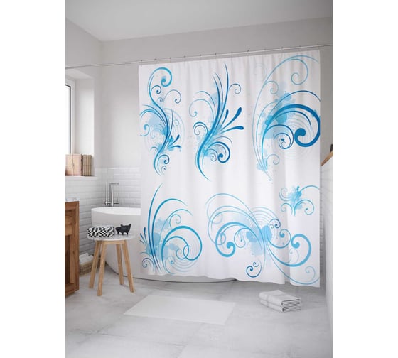 Штора (занавеска) для ванной JoyArty "Голубые завитки" из сатена, 180х200 см с крючками, sc_17671 1