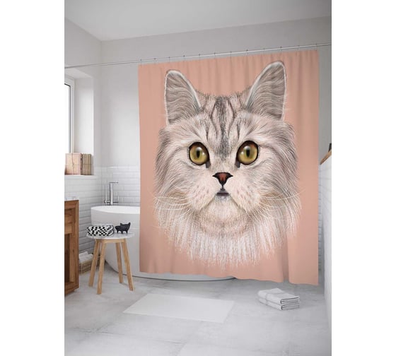 Штора (занавеска) для ванной JoyArty "Пушистый питомец" из сатена, 180х200 см с крючками, sc_15561