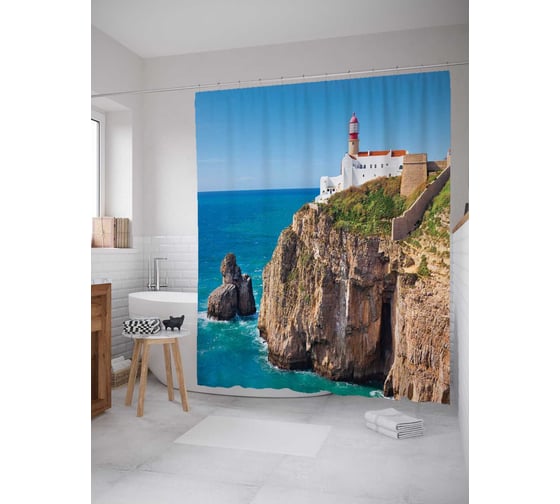 Штора (занавеска) для ванной JoyArty "Большой маяк у обрыва" из сатена, 180х200 см с крючками, sc_16344 1