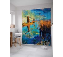 Штора (занавеска) для ванной JoyArty "Мельница над рекой" из сатена, 180х200 см с крючками, sc_15118