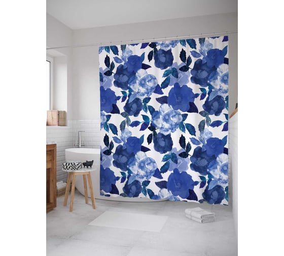 Штора (занавеска) для ванной JoyArty "Цветочная синева" из сатена, 180х200 см с крючками, sc_17046 1