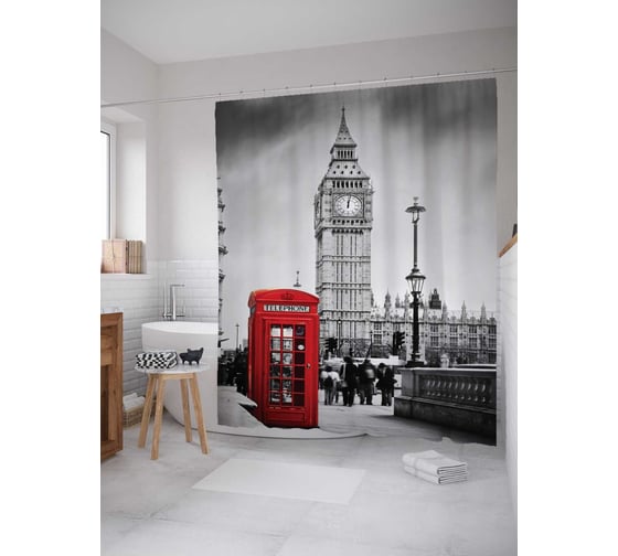 Штора (занавеска) для ванной JoyArty "Звонок из Лондона" из сатена, 180х200 см с крючками, sc_14654 1