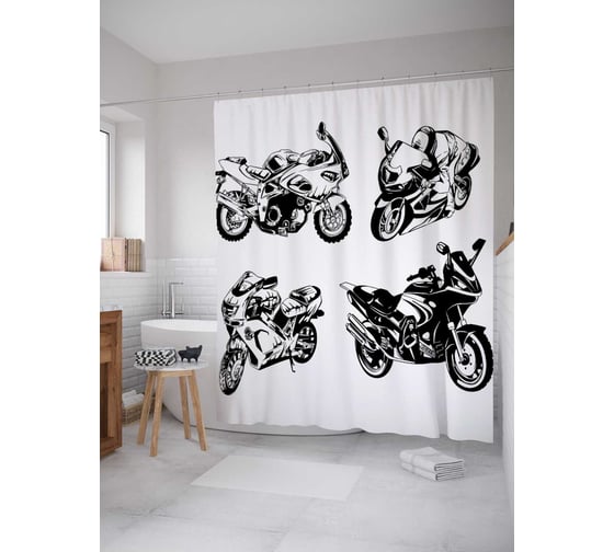 Штора (занавеска) для ванной JoyArty "Спортивные мотоциклы" из сатена, 180х200 см с крючками, sc_17780 1