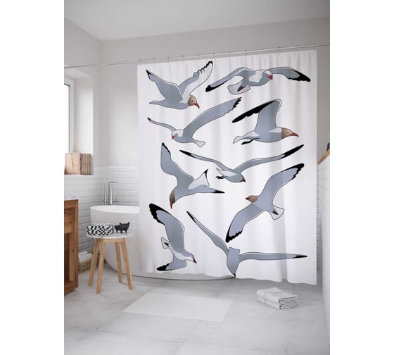 Штора (занавеска) для ванной JoyArty "Чайки в танце" из сатена, 180х200 см с крючками, sc_17521 1