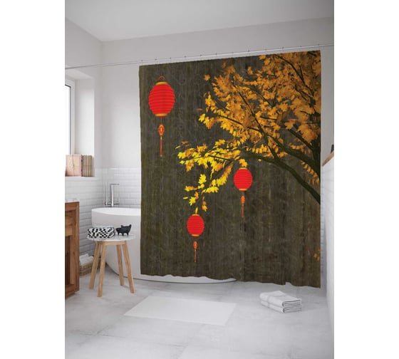 Штора (занавеска) для ванной JoyArty "Летающие фонарики" из сатена, 180х200 см с крючками, sc_17371 1