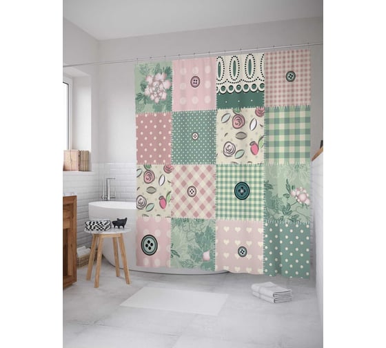 Штора (занавеска) для ванной JoyArty "Рисунки с пуговицами" из сатена, 180х200 см с крючками, sc_18860 1