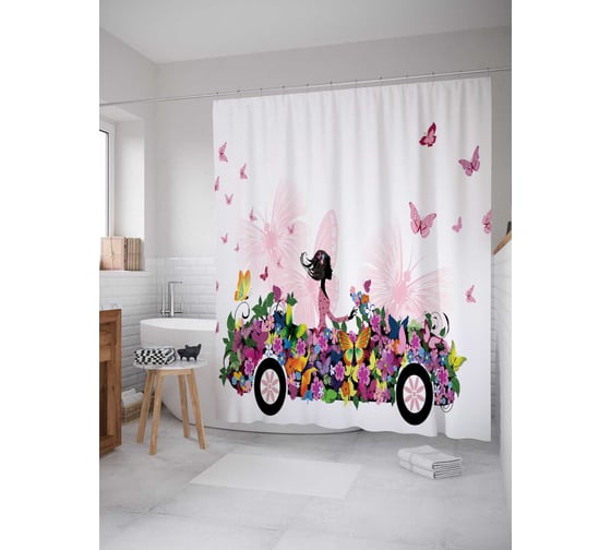 Штора (занавеска) для ванной JoyArty "Цветущая машина в бабочках" из сатена, 180х200 см с крючками, sc_17774 1