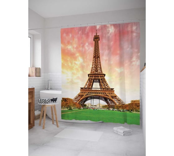 Штора (занавеска) для ванной JoyArty "Отпуск в Париже" из сатена, 180х200 см с крючками, sc_16236 1