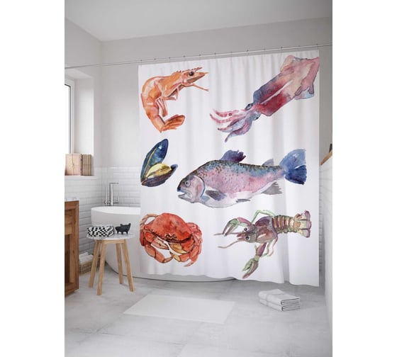 Штора (занавеска) для ванной JoyArty "Морская жизнь" из сатена, 180х200 см с крючками, sc_17284 1