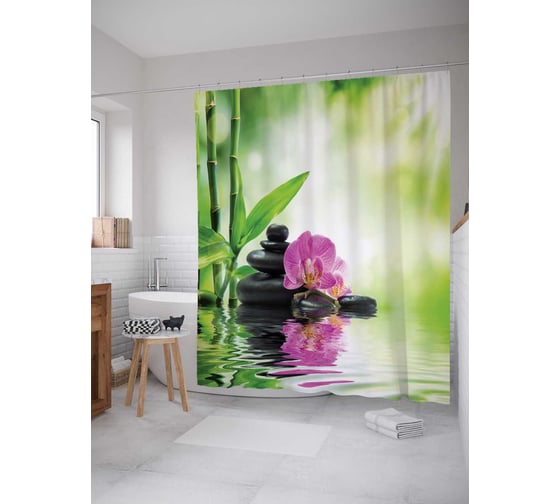 Штора (занавеска) для ванной JoyArty "Отражение орхидеи" из сатена, 180х200 см с крючками, sc_16367 1