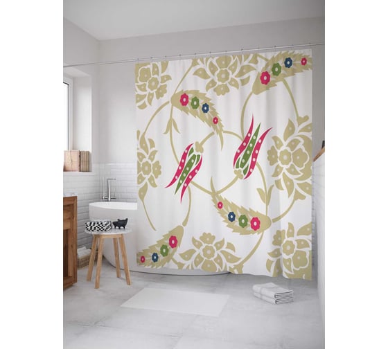 Штора (занавеска) для ванной JoyArty "Традиционные цветы" из сатена, 180х200 см с крючками, sc_17755 1