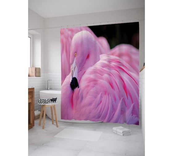 Штора (занавеска) для ванной JoyArty "Любопытный фламинго" из сатена, 180х200 см с крючками, sc_14670 1