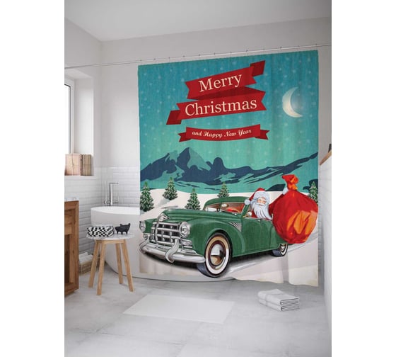 Штора (занавеска) для ванной JoyArty "Санта в автомобиле" из сатена, 180х200 см с крючками, sc_19385 1