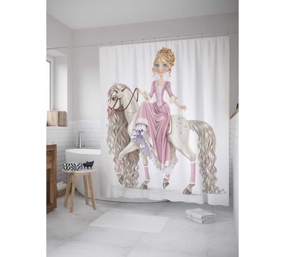 Штора (занавеска) для ванной JoyArty "Принцесса на белом коне" из сатена, 180х200 см с крючками, sc_11986 1