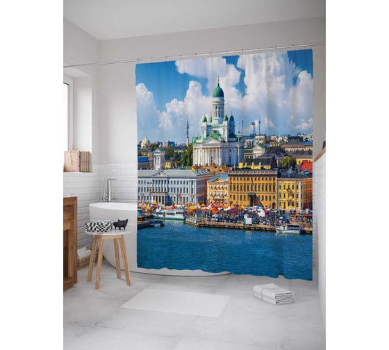 Штора (занавеска) для ванной JoyArty "Речная торговля" из сатена, 180х200 см с крючками, sc_14415 1