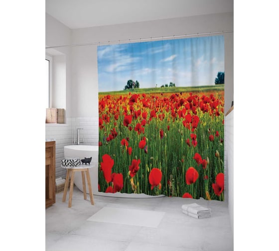 Штора (занавеска) для ванной JoyArty "Маковое поле" из сатена, 180х200 см с крючками, sc_105982 1