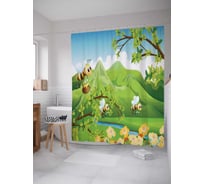 Штора (занавеска) для ванной JoyArty "Пчелки над цветами" из сатена, 180х200 см с крючками, sc_1218