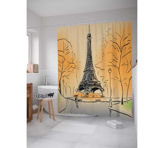 Штора (занавеска) для ванной JoyArty "Парижский рисунок" из сатена, 180х200 см с крючками, sc_10511 1