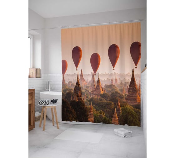 Штора (занавеска) для ванной JoyArty "Прогулки на шарах" из сатена, 180х200 см с крючками, sc_12180 1