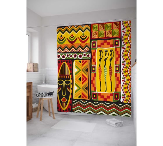 Штора (занавеска) для ванной JoyArty "Африканский этнос" из сатена, 180х200 см с крючками, sc_17578 1