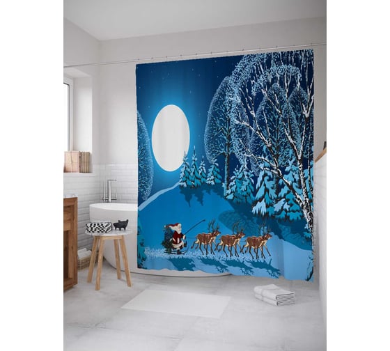 Штора (занавеска) для ванной JoyArty "На оленях через лес" из сатена, 180х200 см с крючками, sc_19397 1