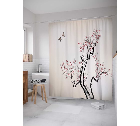 Штора (занавеска) для ванной JoyArty "Улетающие птицы" из сатена, 180х200 см с крючками, sc_17415 1