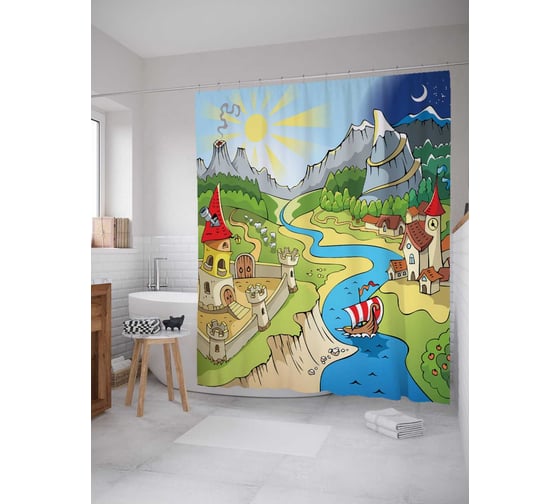 Штора (занавеска) для ванной JoyArty "Приорат и смотровая башня" из сатена, 180х200 см с крючками, sc_1227 1