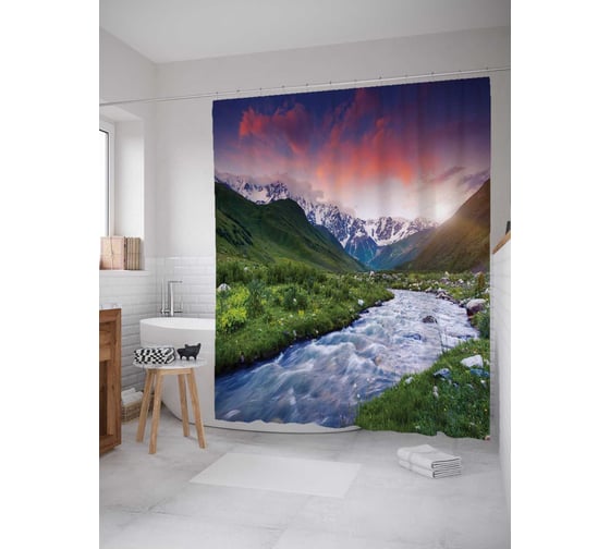 Штора (занавеска) для ванной JoyArty "Вода спустилась с гор" из сатена, 180х200 см с крючками, sc_12167 1