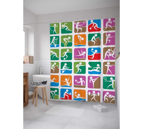 Штора (занавеска) для ванной JoyArty "Красочный спорт" из сатена, 180х200 см с крючками, sc_17508 1