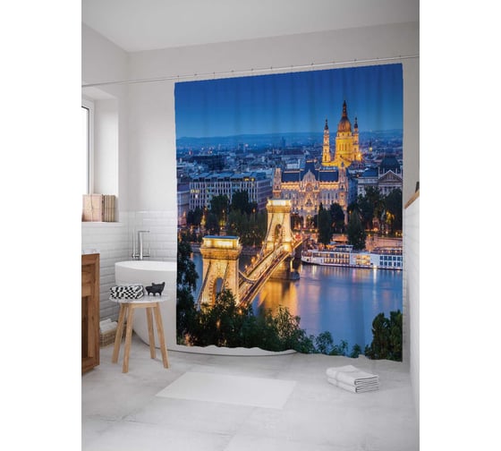 Штора (занавеска) для ванной JoyArty "Жизнь за мостом" из сатена, 180х200 см с крючками, sc_14433